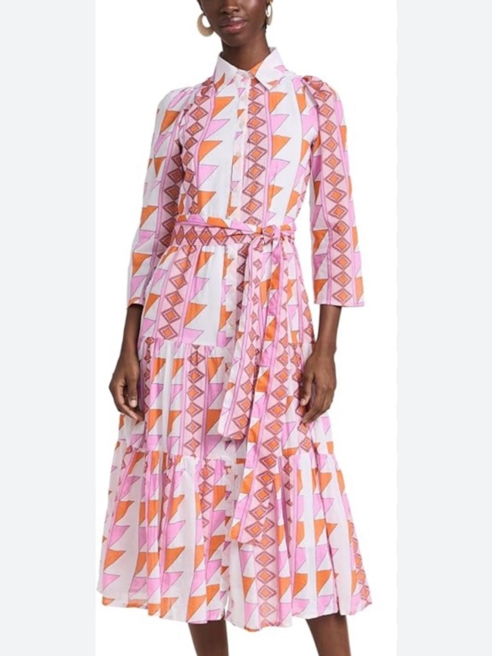 Marea Midi Shirt Dress in Pink and Orange Geometric Print